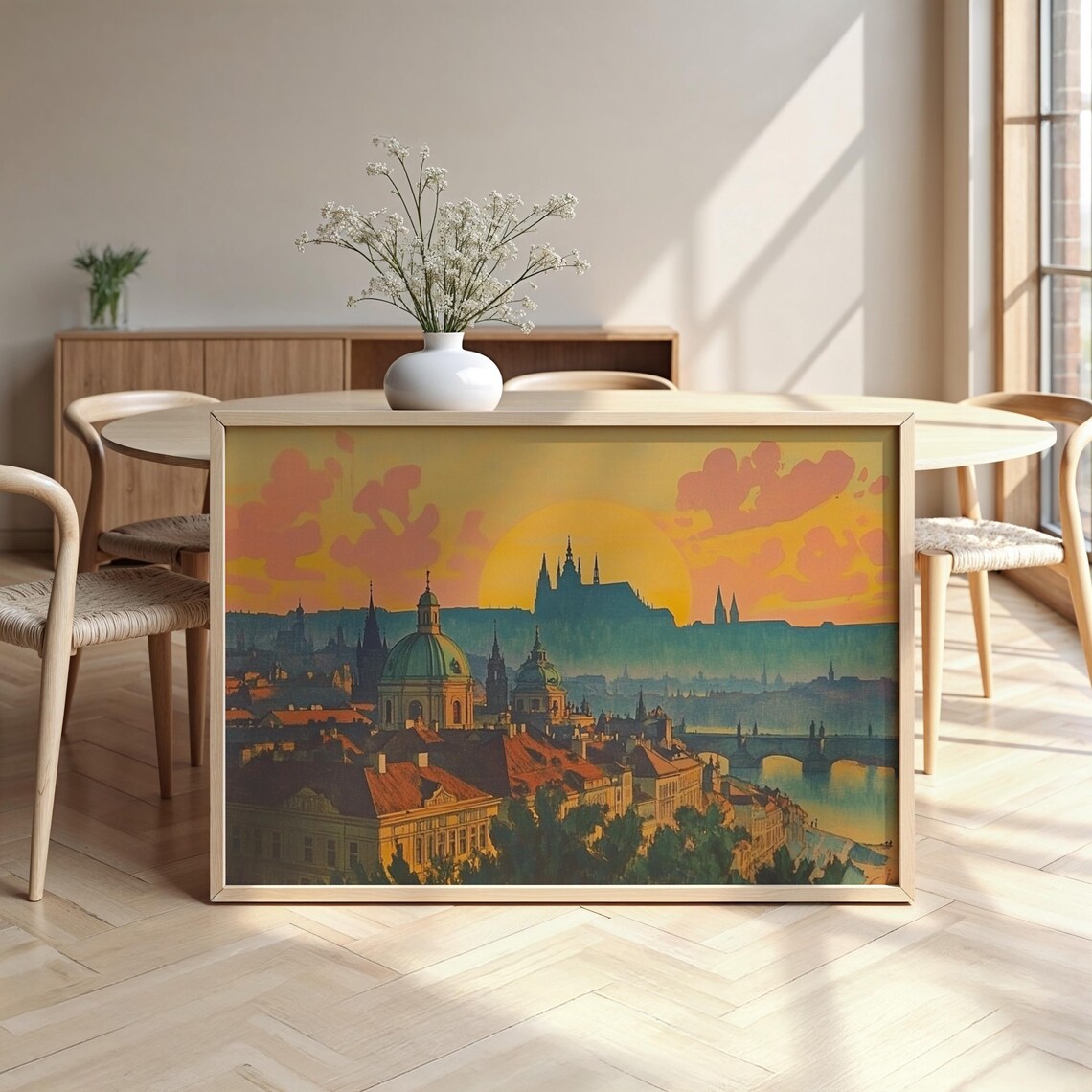Prague Czechia Castle Sunset Skyline Watercolour Old Town Travel Poster