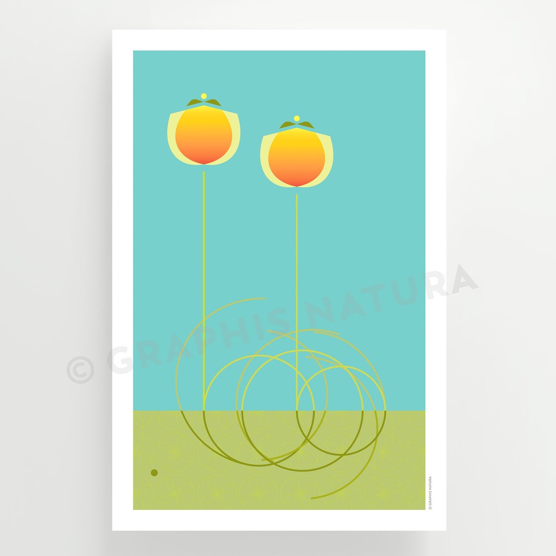 Orange Tulip Blooms Poster Retro Turquoise Botanical Modern Art - Image 3