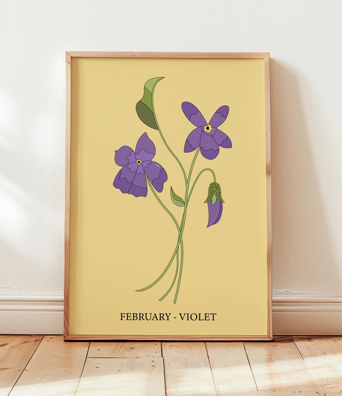 February Birth Flower Violet Botanical Wall Art Yellow Background