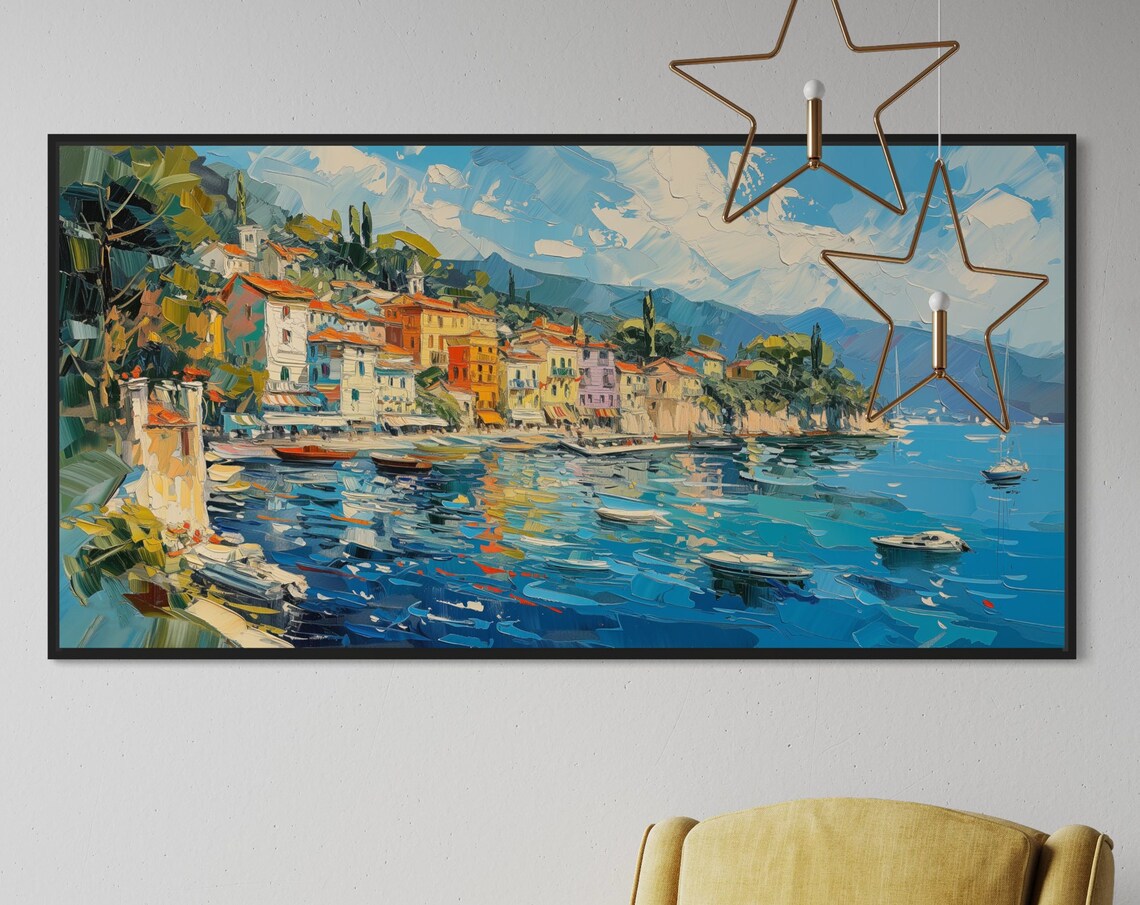 Italian Mediterranean Coastal Town Harbor Boats Blue Sea Travel Poster