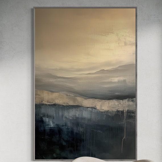 Monochrome Minimalist Mountains Black And Beige Abstract Landscape Art Print Luxury Neutral Clouds For Rustic Decor