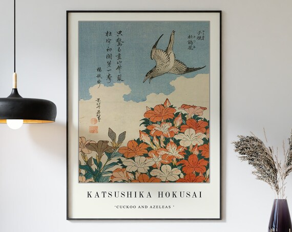 Katsushika Hokusai Cuckoo and Azaleas Japanese Woodblock Poster