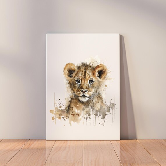 Lion Cub Portrait Watercolor Splash Art Baby Safari Nursery Poster