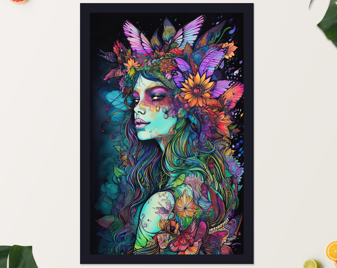 Psychedelic Neon Fairy Princess Magical Trippy Portrait Fantasy Art Print