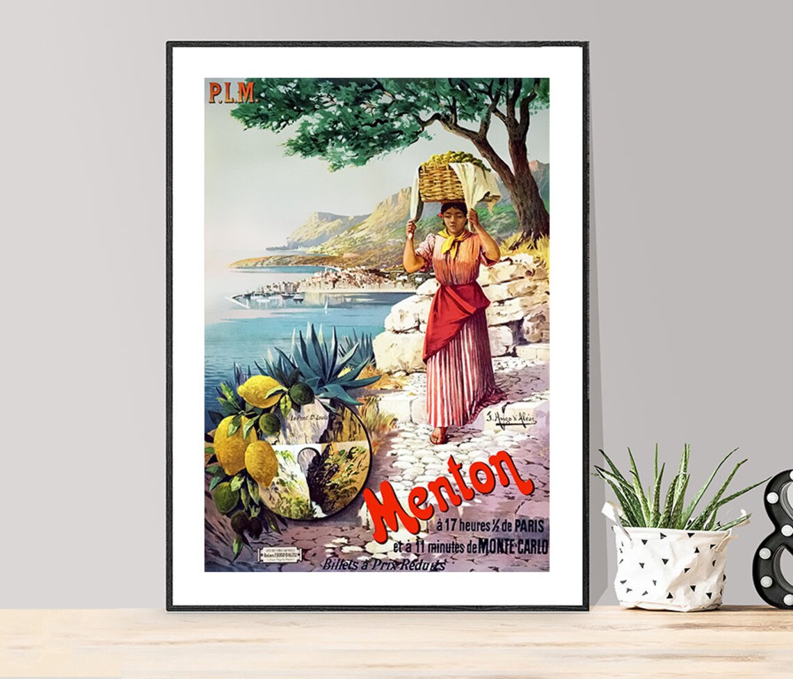 Menton France Vintage Travel Poster, Mediterranean Town