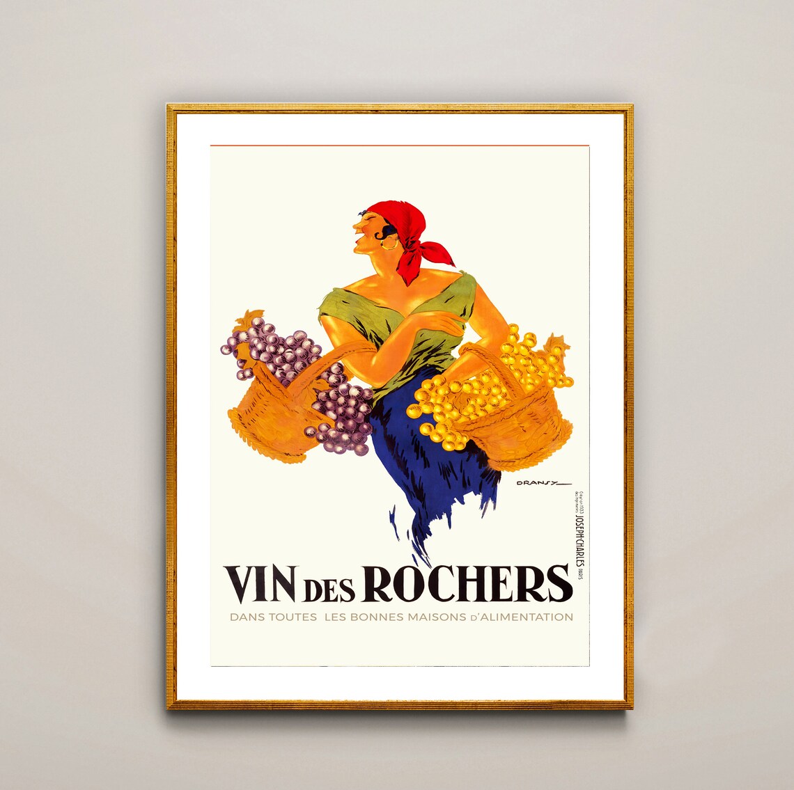 Vin Des Rochers French Vintage Wine Poster Woman Grape Harvest Art - Image 2