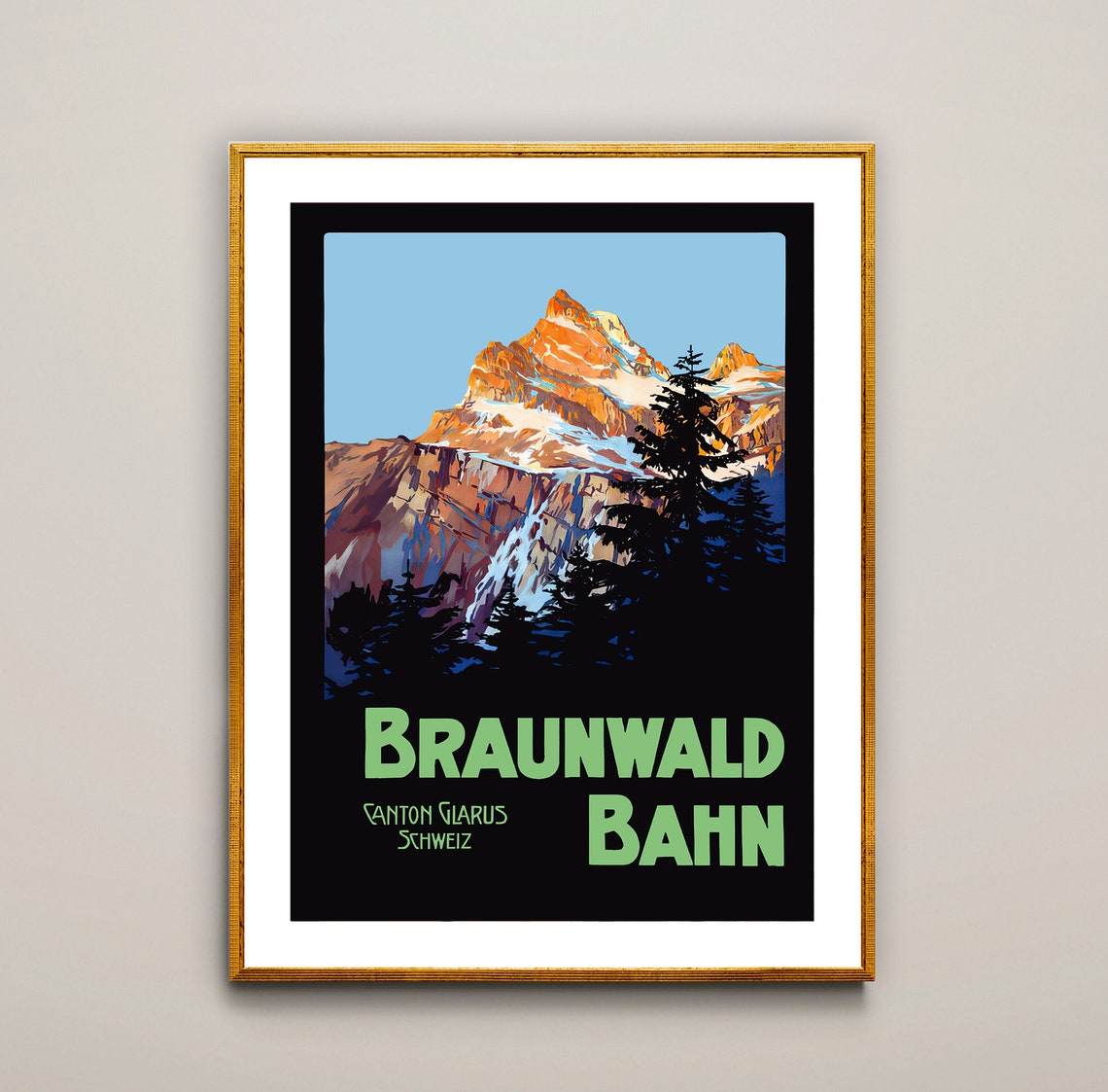 Braunwald Bahn Canton Glarus Switzerland Alpine Peak Vintage Poster