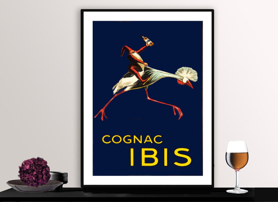 Cognac Ibis Red Imp Riding Stork Drinking Bottle Night Poster