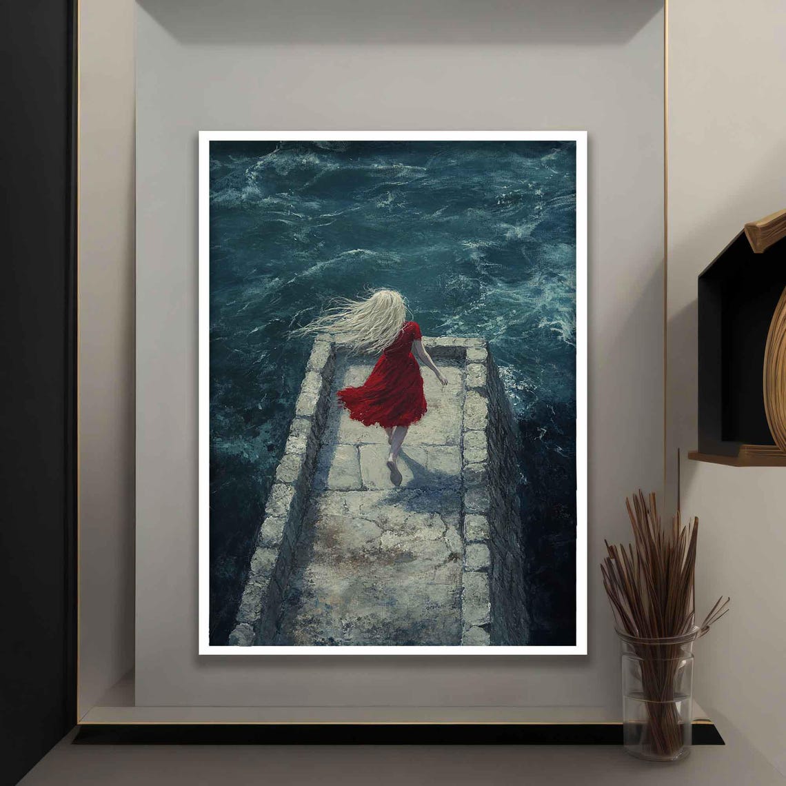 Alone Woman In The Sea Painting Surreal Blonde Girl Poster Seascape Art Girl In Red Dress Print Beautiful Woman Home Decor - Image 5