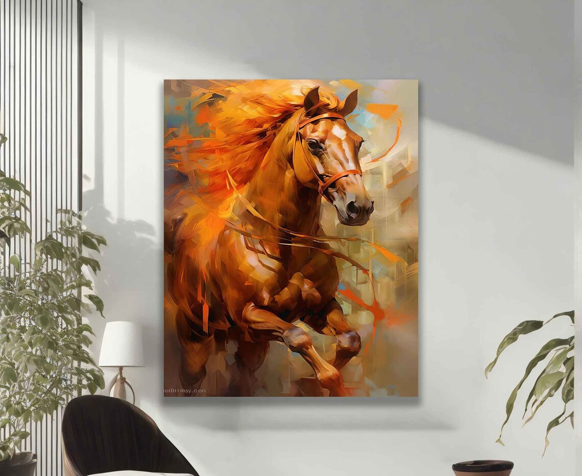 Chestnut Horse Portrait Fiery Orange Brushstrokes Art Wall Poster - Image 2