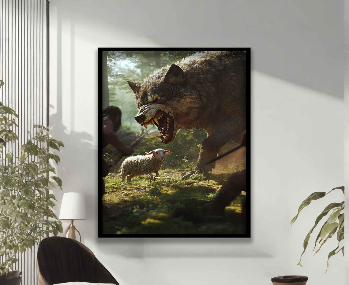 Jesus Rushing To Save Lamb From Snarling Wolf Green Forest Poster - Image 3