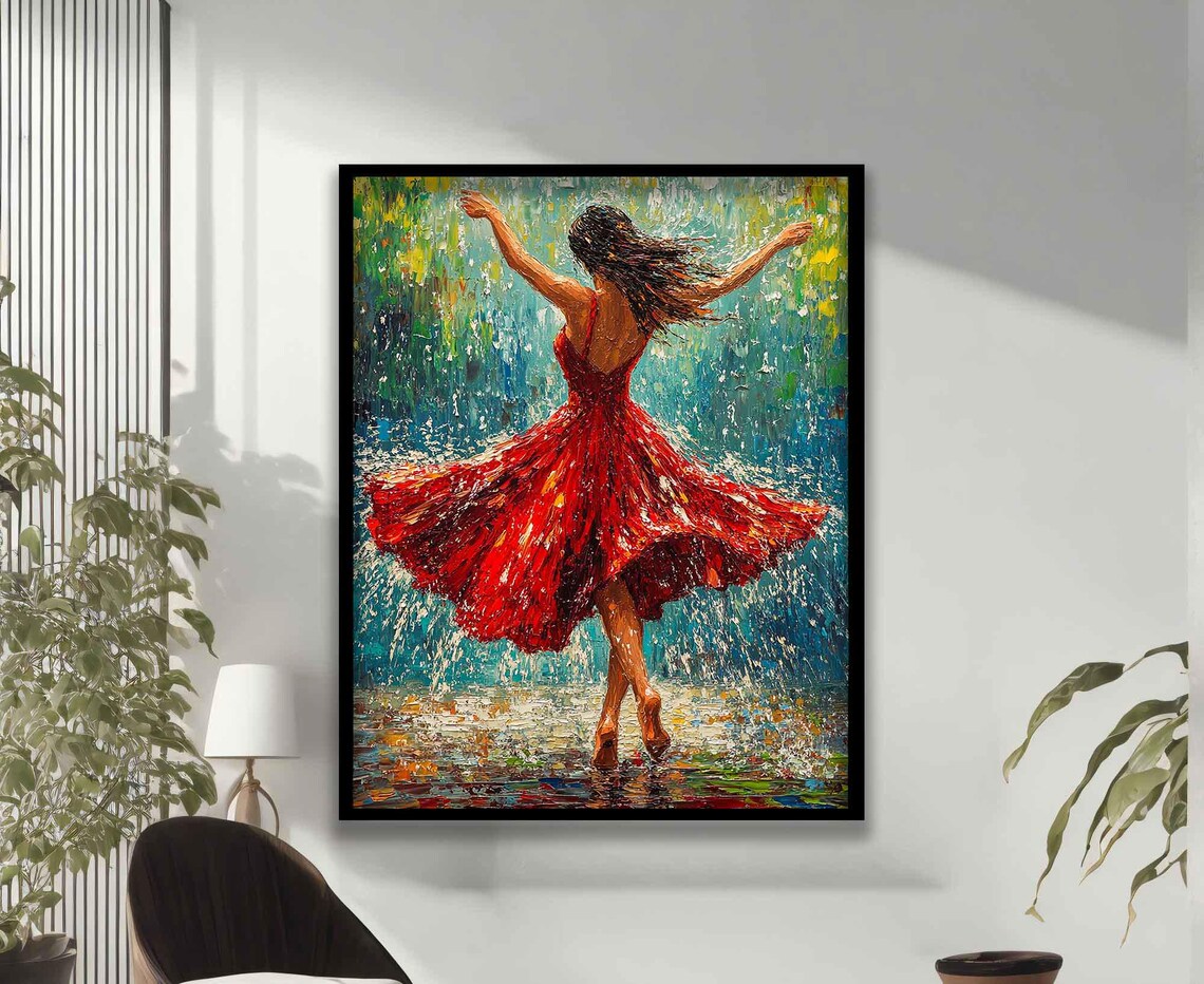 Woman Dancing Under the Rain, Oil Painting Art Print - Image 3