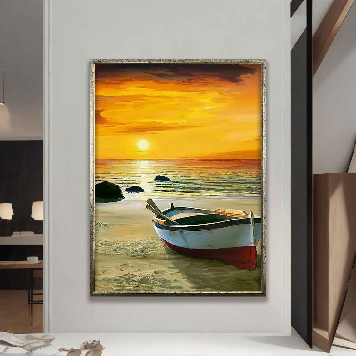 Boat on Beach at Golden Sunset Seascape Serene Travel Art Poster