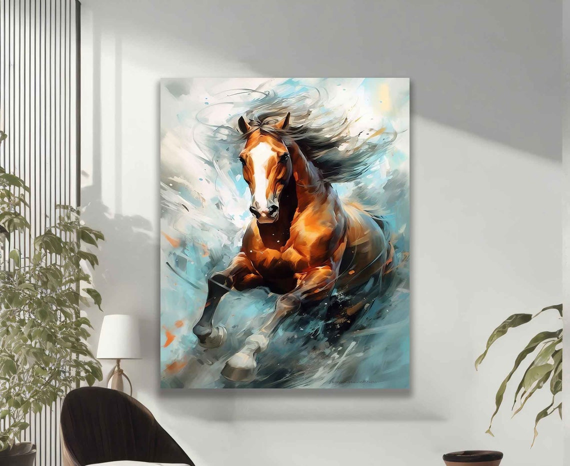 Running Chestnut Horse Flowing Mane Dynamic Splash Art Wall Poster - Image 2