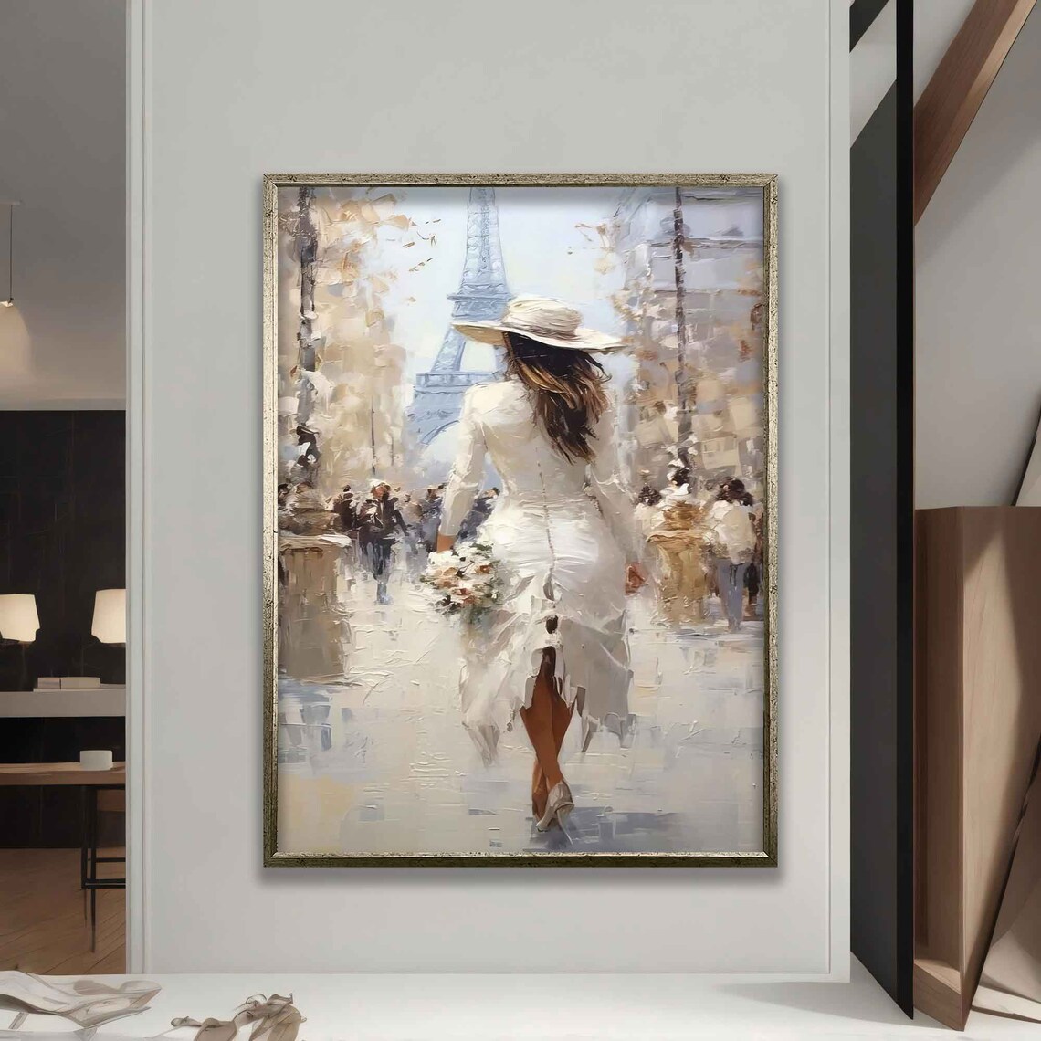 Woman White Dress Walking Paris Street Eiffel Tower View Painting Poster - Image 5