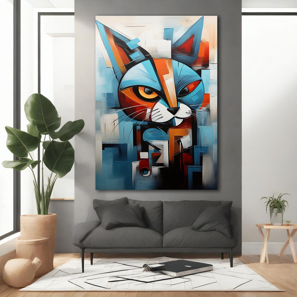 Cubist Blue Orange Cat Face Geometric Abstract Animal Art Poster - Image 3