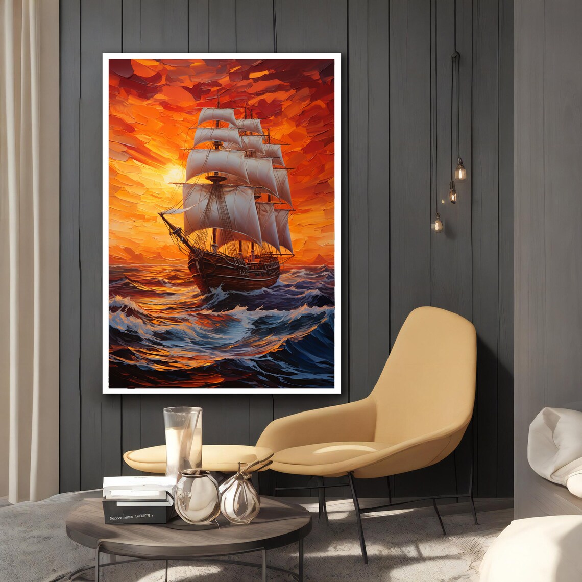 Tall Ship Fiery Red Orange Sunset Crashing Waves Ocean Art Poster - Image 2