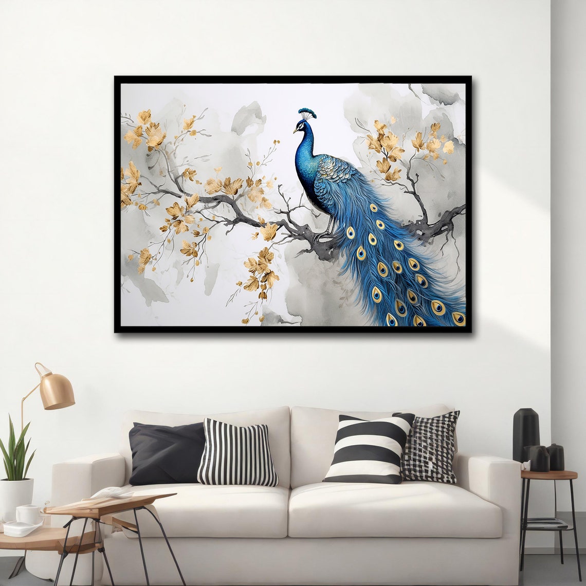 Blue Peacock Perched Flowering Branch Gold Blossoms Watercolor Poster - Image 5