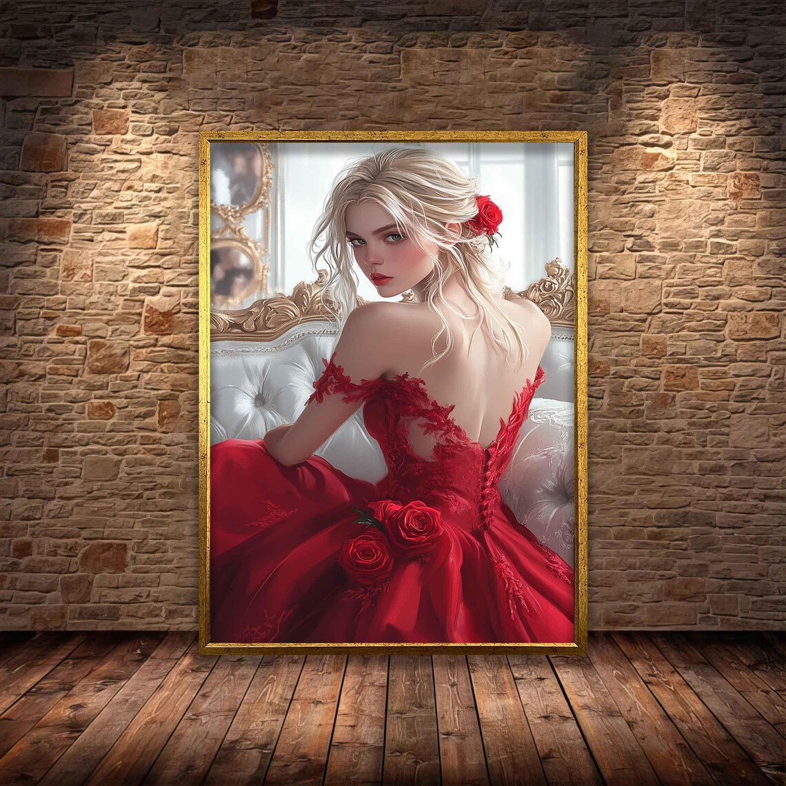 Blonde Beauty Red Lace Gown Roses Elegant Boudoir Portrait Art Print Poster - Image 3