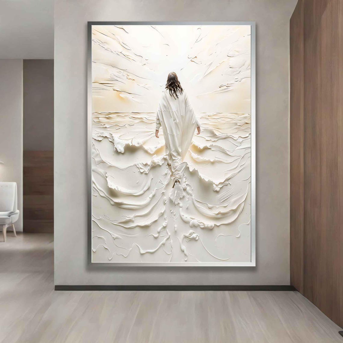 Jesus Walking On Water White 3D Relief Peaceful Waves Spiritual Print - Image 5