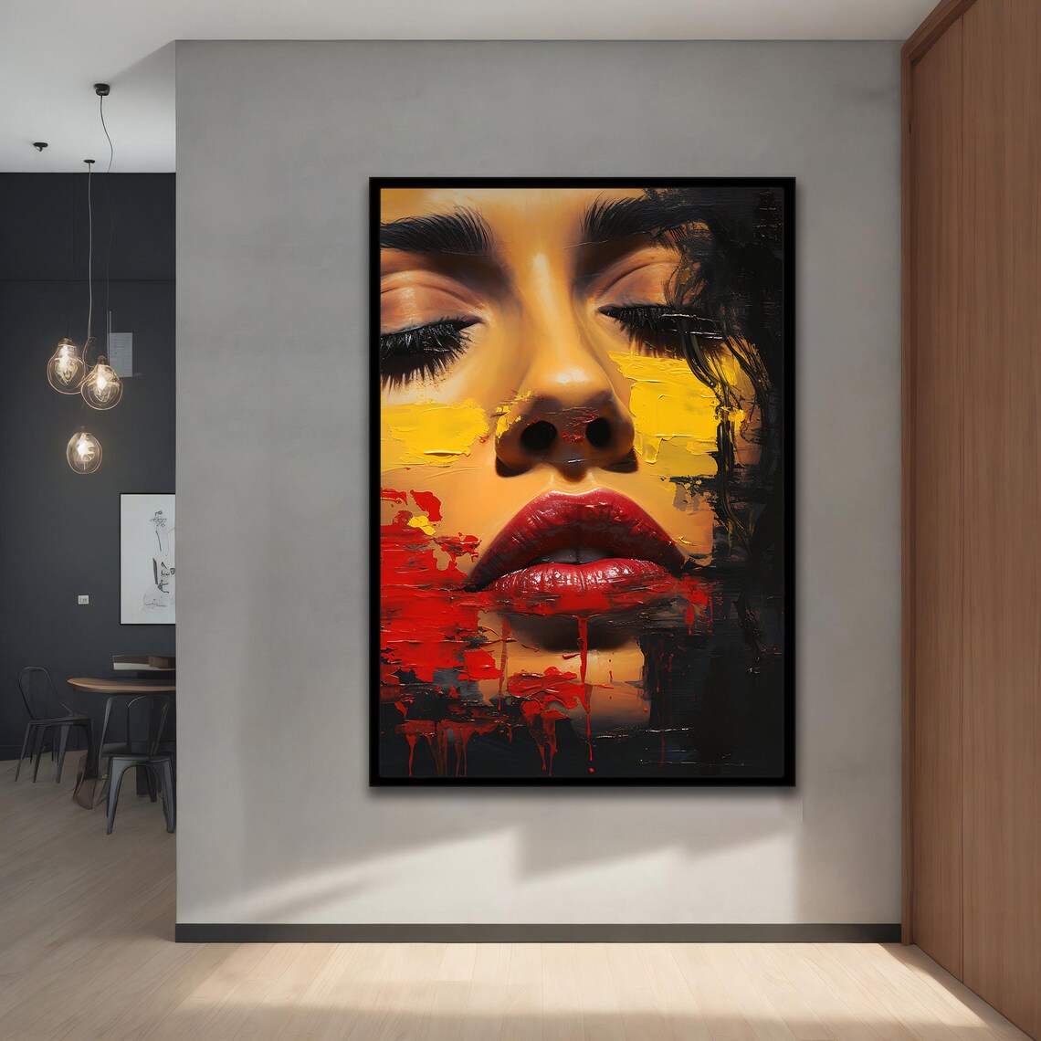 Close Up Woman Red Lips Abstract Face Yellow Drip Art Wall Poster