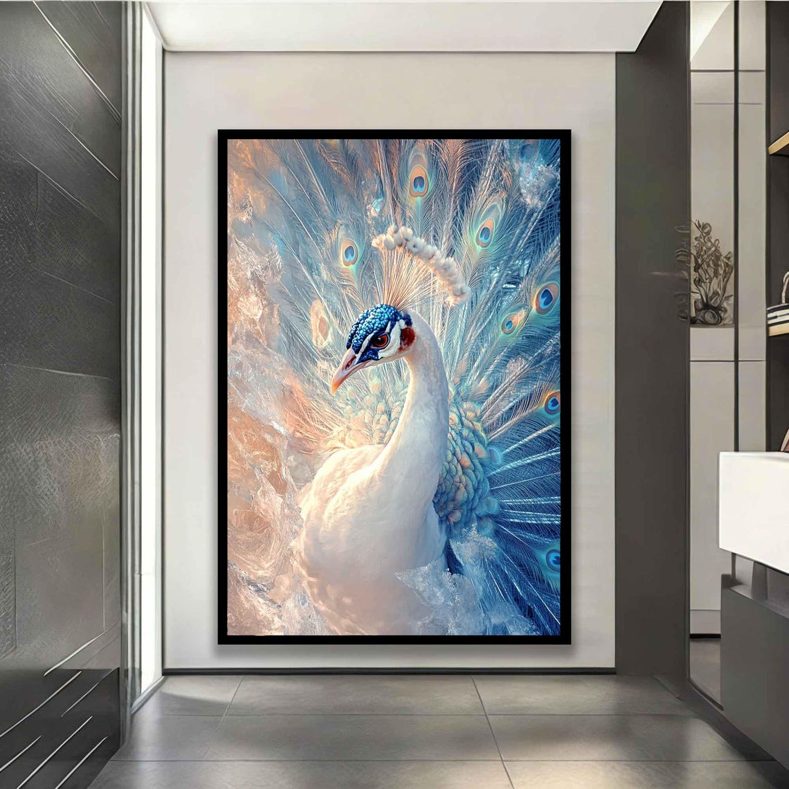 White Peacock Full Plumage Painting Blue Gold Elegant Bird Wall Poster - Image 2