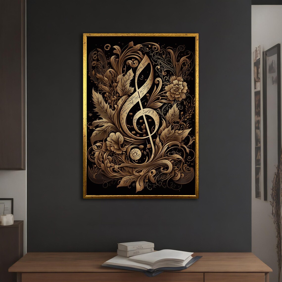 Golden Treble Clef Floral Black Ornate Musical Elegant Musician Wall Art Poster - Image 3