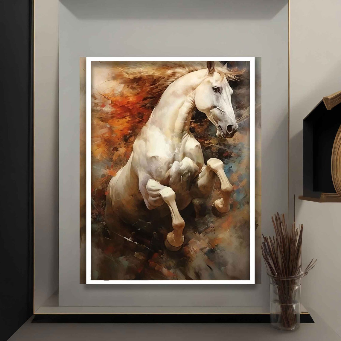 Prancing White Horse Fiery Orange Brown Splash Painting Poster - Image 5