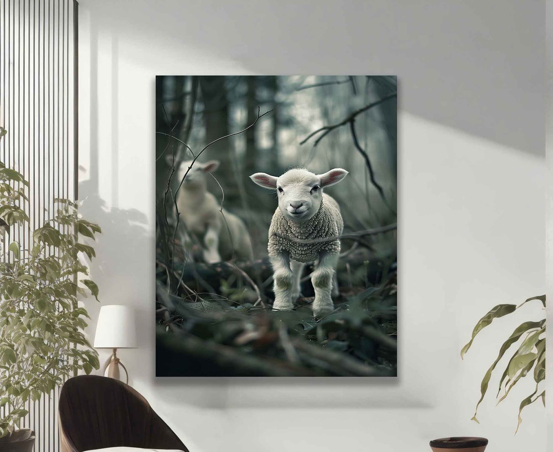 Cute White Lamb in Misty Dark Forest Adorable Baby Sheep Poster - Image 2