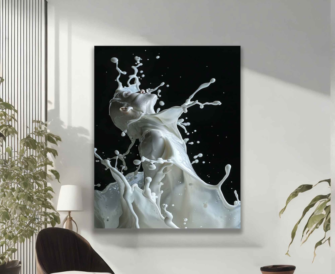 White Milk Splash Woman Silhouette Striking Black Background Art Poster - Image 2