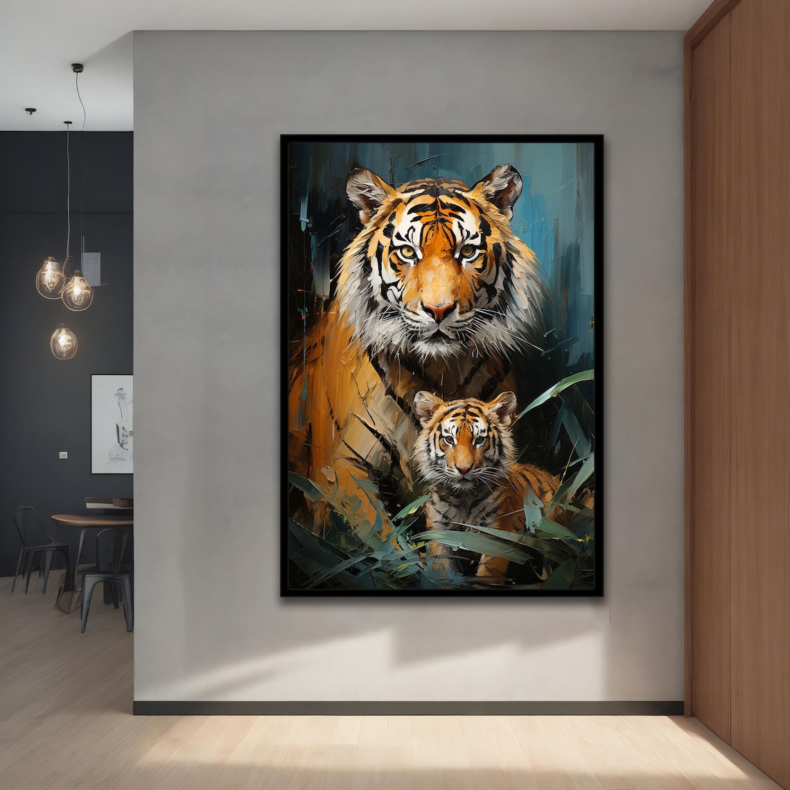 Tiger And Cub Jungle Teal Portrait Big Cat Wildlife Painting Wall Art Poster - Image 4