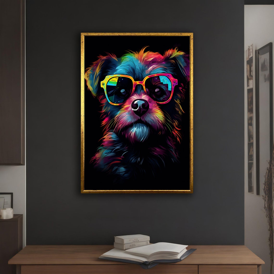 Cool Colorful Dog Wearing Rainbow Sunglasses Neon Black Wall Art - Image 5