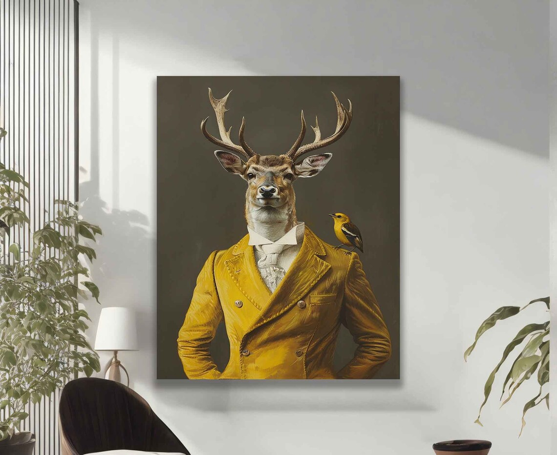 Regal Stag Mustard Yellow Suit Small Bird On Shoulder Surreal Art Poster - Image 2