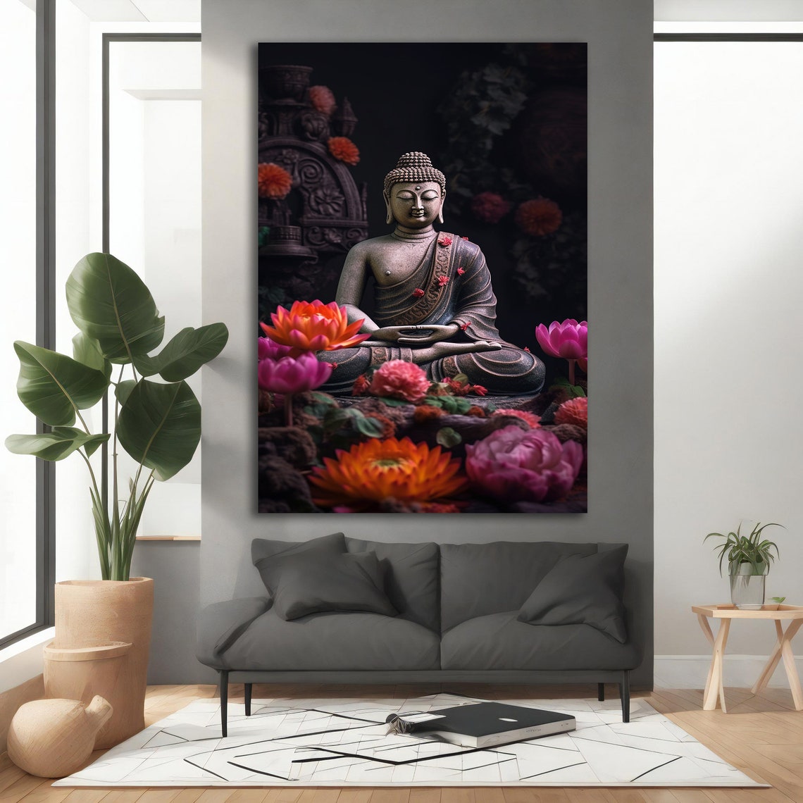 Buddha Statue Meditating Among Pink Lotus Flowers Dark Poster - Image 5