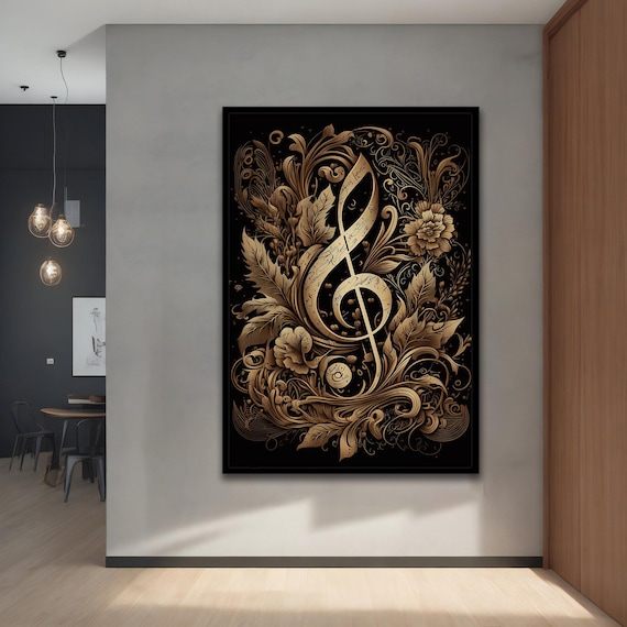 Golden Treble Clef Floral Black Ornate Musical Elegant Musician Wall Art Poster