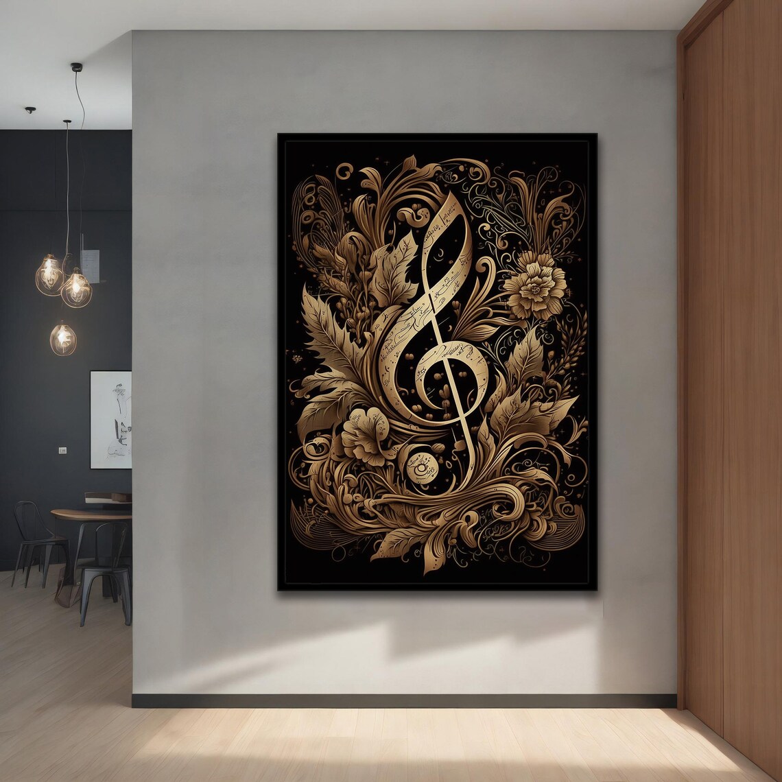 Golden Treble Clef Floral Black Ornate Musical Elegant Musician Wall Art Poster