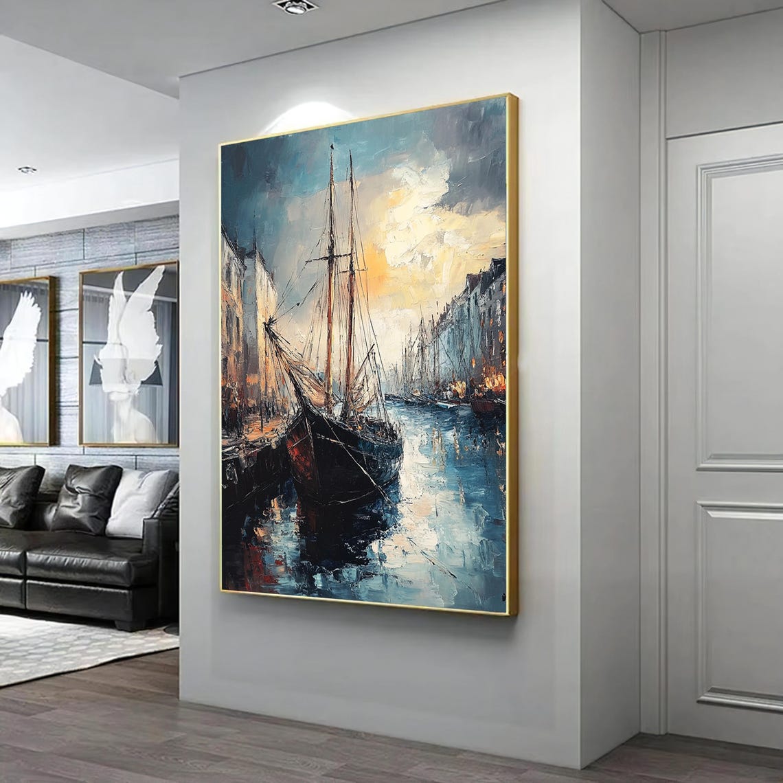 Tall Sailing Ship Harbor Sunset Impressionist Oil Painting Poster