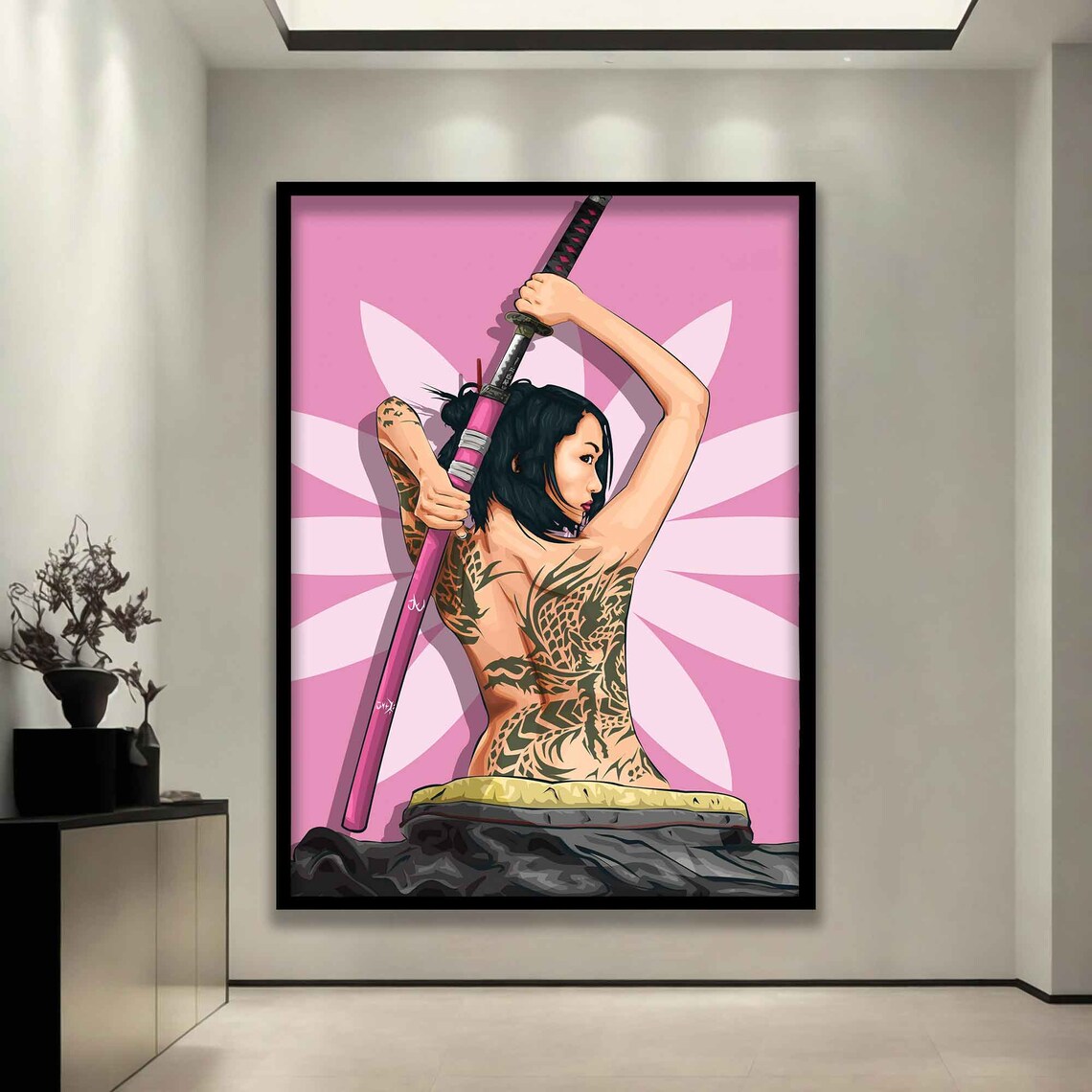Japanese Geisha Warrior with Katana Pink Pop Art Wall Poster