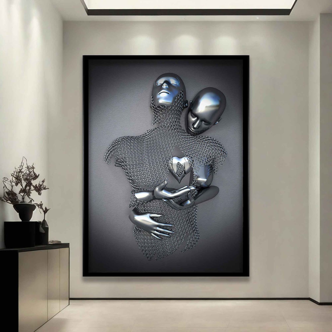 Silver Heart Love Two Figures Chainmail Sculpture Couple Art Poster - Image 3