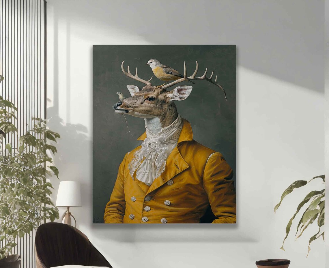 Noble Stag Profile Yellow Coat Lace Cravat Birds On Antlers Art Poster