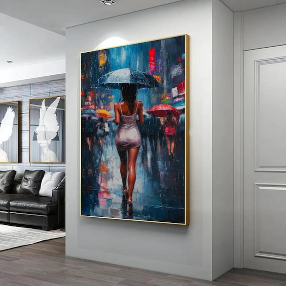 Woman With Umbrella In Rainy City Night Neon Lights Art Poster