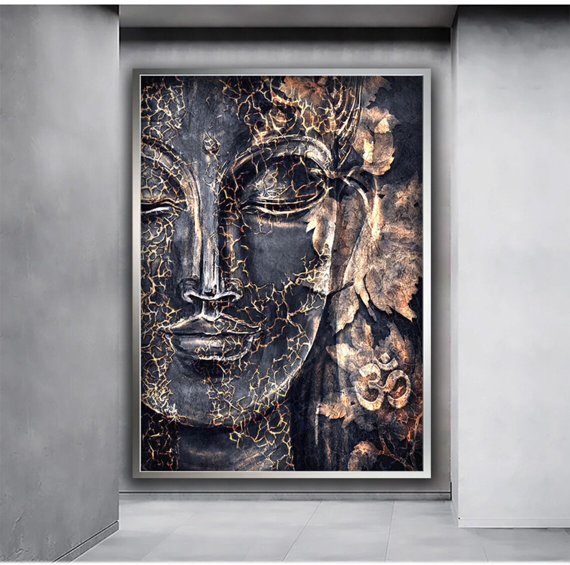 Black Buddha Face Gold Crackle Ancient Stone Meditation Zen Wall Art Poster