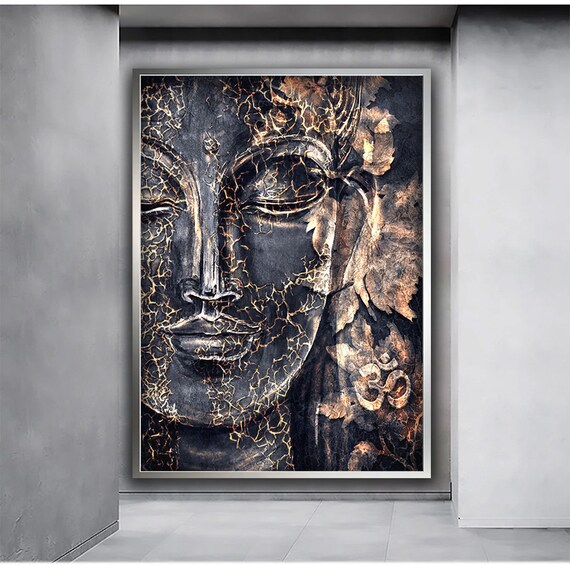 Black Buddha Face Gold Crackle Ancient Stone Meditation Zen Wall Art Poster