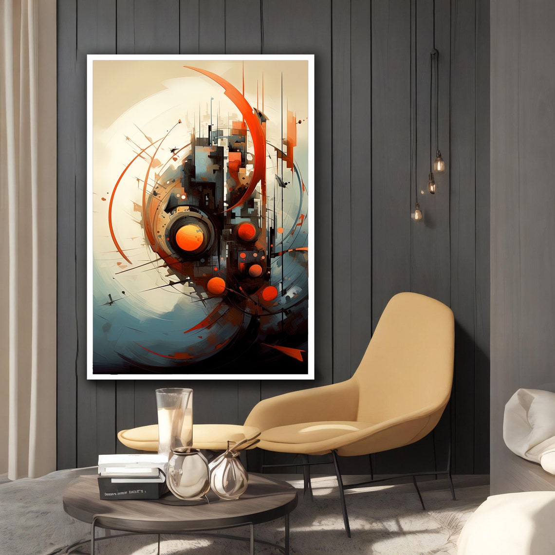 Abstract Futuristic Orange Arcs Circles Modern Geometric Wall Art - Image 2
