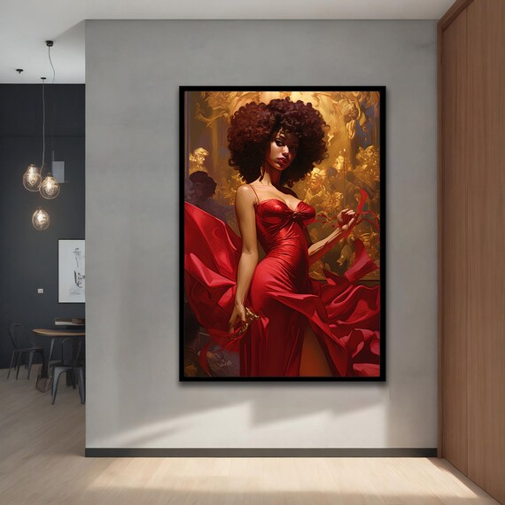 Sexy African Woman In Red Dress Painting Modern Natural Vivid Wall Art For Your Home And Office Different Frame Options