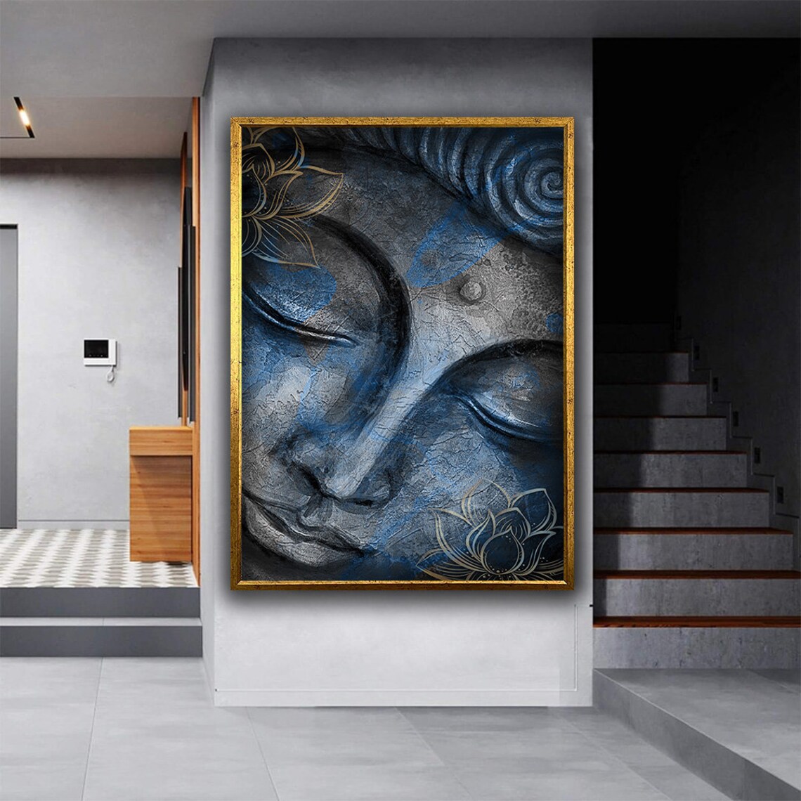 Serene Buddha Face Blue Stone Texture Gold Lotus Zen Meditation Poster - Image 4