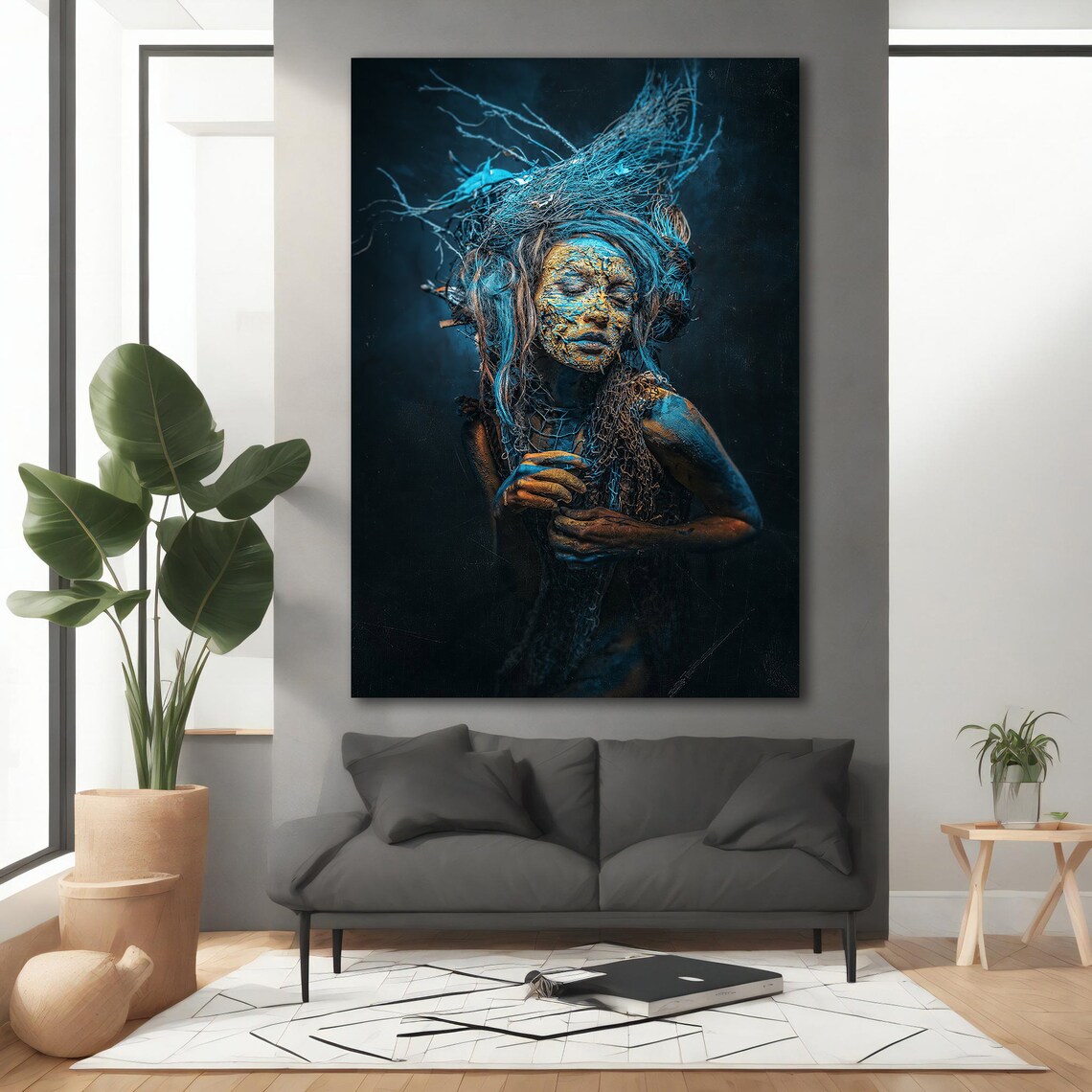 Surreal Blue Woman Wild Hair Golden Face Dreamlike Ethereal Wall Art Poster - Image 2