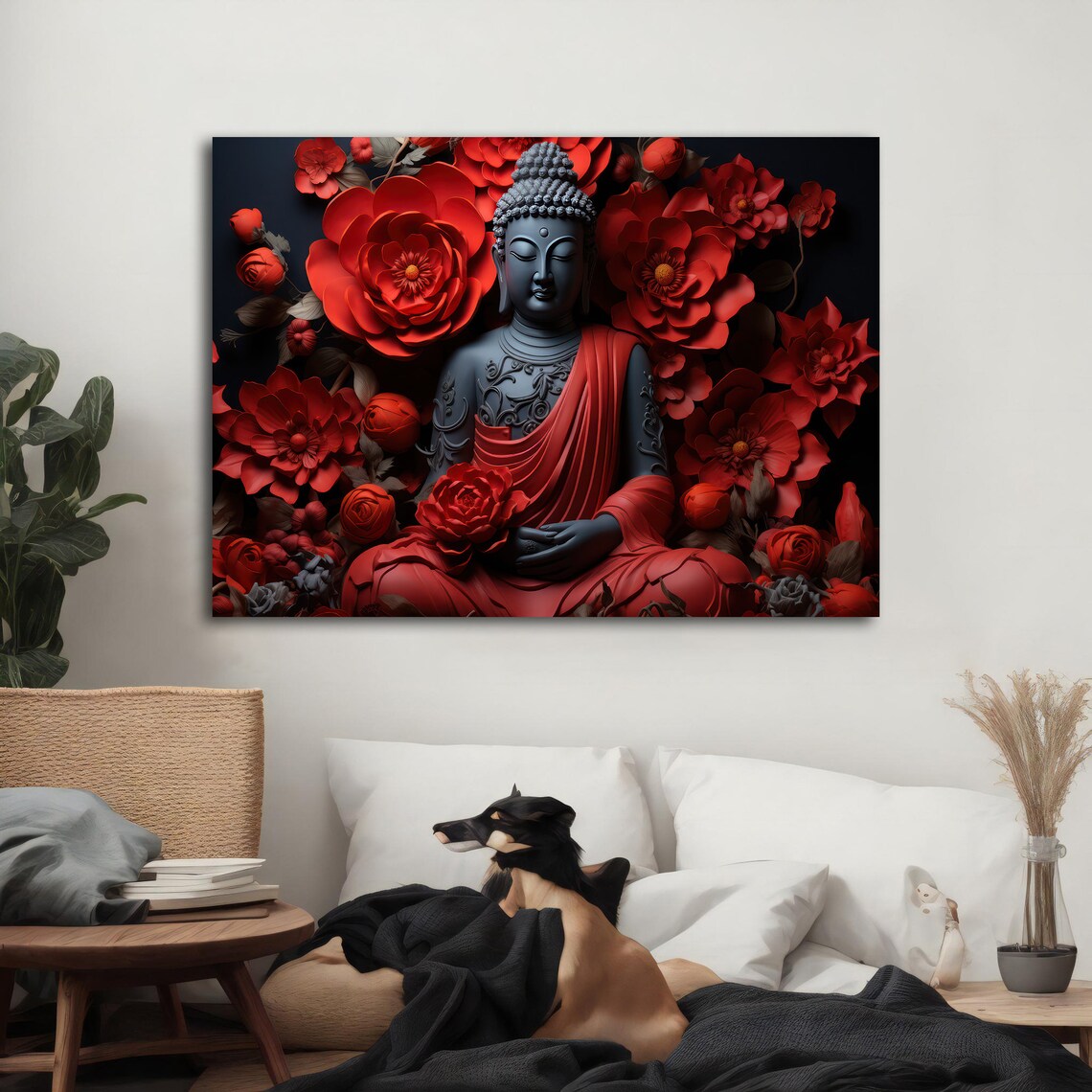 Dark Buddha Statue Red Paper Flowers Spiritual Zen Meditation Poster - Image 3