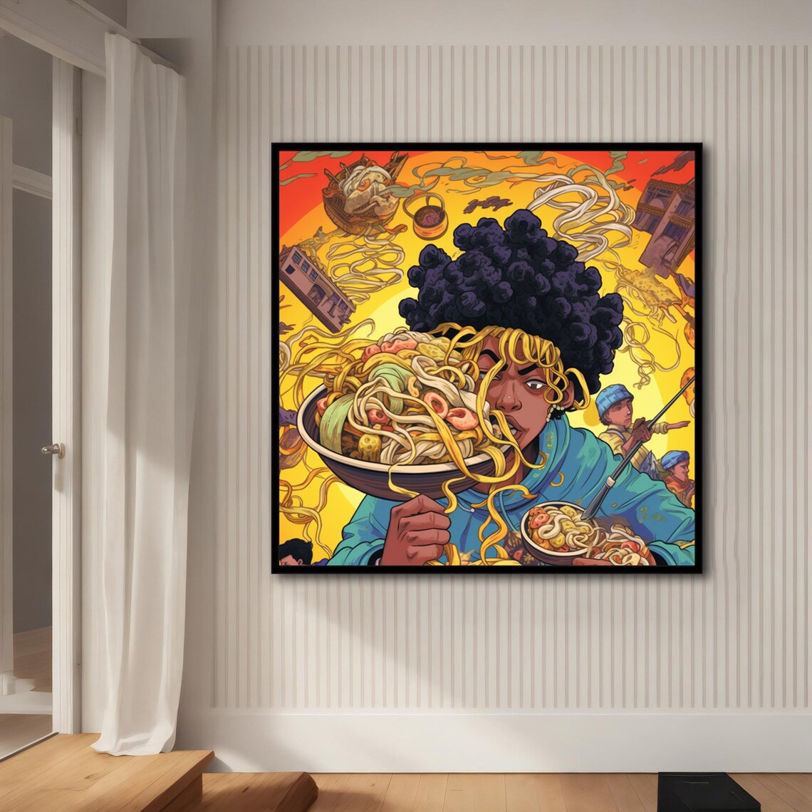 Woman With Big Afro Eating Noodle Bowl Psychedelic Orange Art Poster - Image 4