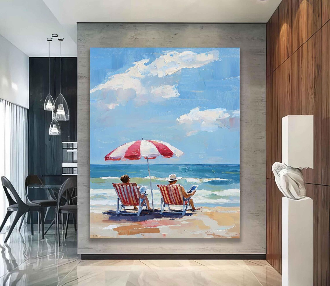 Red White Striped Umbrella Beach Couple Ocean View Painting Poster - Image 2